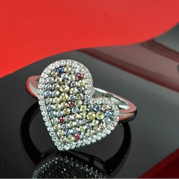 925 Sterling Silver Heart-Shaped Ring Sz 7.75 with Natural Sapphire/ White Topaz - Picture 1 of 8